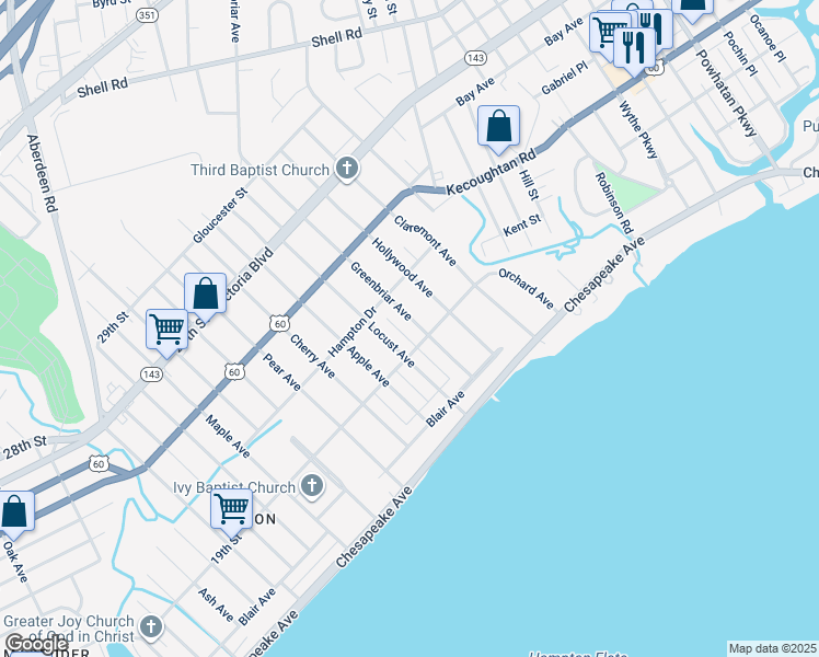 map of restaurants, bars, coffee shops, grocery stores, and more near 115 Greenbriar Avenue in Hampton