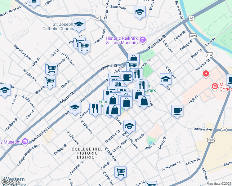 map of restaurants, bars, coffee shops, grocery stores, and more near 300 E Main Ave in Bowling Green