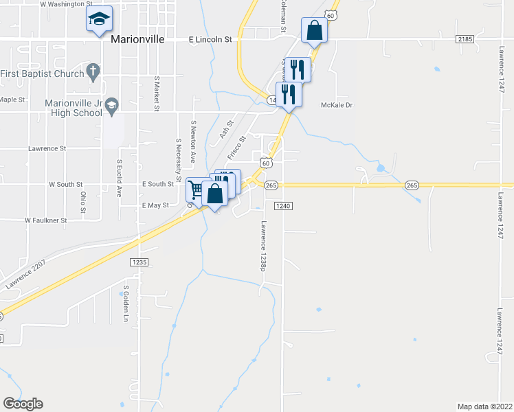 map of restaurants, bars, coffee shops, grocery stores, and more near 101 East Neil in Marionville