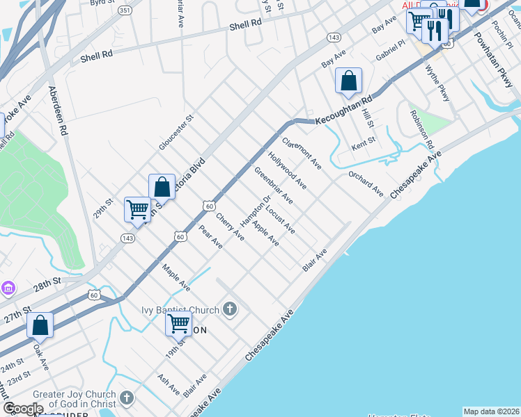 map of restaurants, bars, coffee shops, grocery stores, and more near 129 Locust Avenue in Hampton