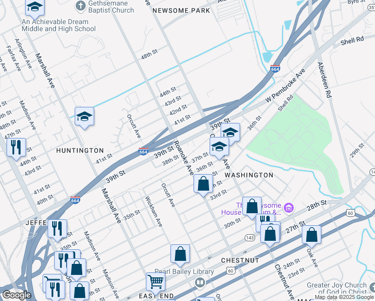 map of restaurants, bars, coffee shops, grocery stores, and more near 1056 38th Street in Newport News