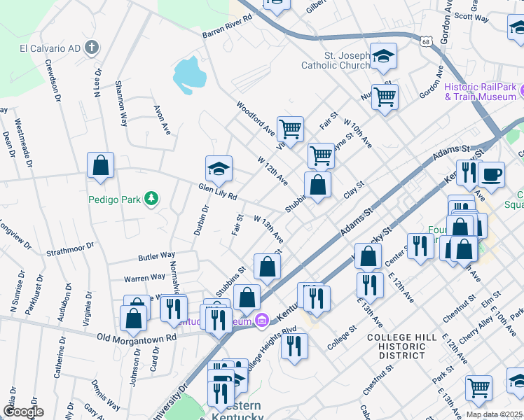map of restaurants, bars, coffee shops, grocery stores, and more near 1251 Stubbins Street in Bowling Green