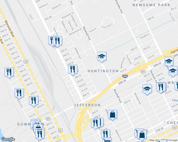 map of restaurants, bars, coffee shops, grocery stores, and more near 705 44th Street in Newport News