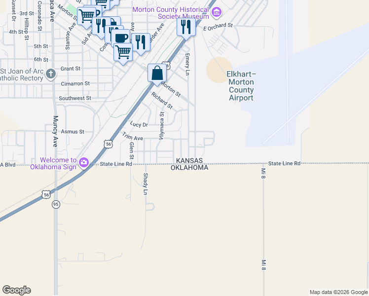 map of restaurants, bars, coffee shops, grocery stores, and more near Emery Lane in Elkhart