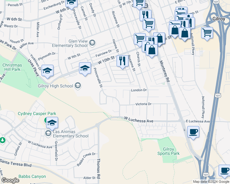 map of restaurants, bars, coffee shops, grocery stores, and more near 6735 Stephan Court in Gilroy