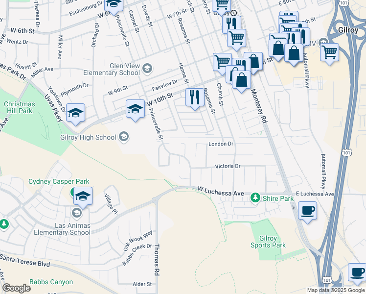 map of restaurants, bars, coffee shops, grocery stores, and more near 6735 Stephan Court in Gilroy