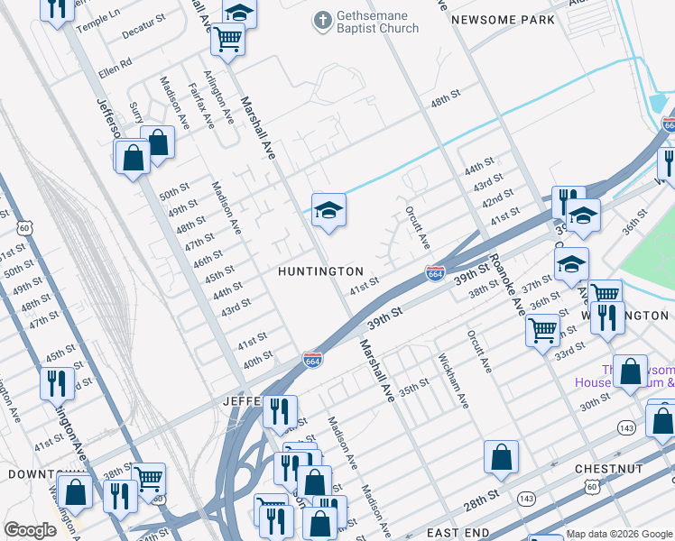map of restaurants, bars, coffee shops, grocery stores, and more near Newsome Park Bus Lot in Newport News