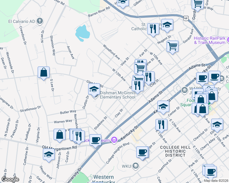 map of restaurants, bars, coffee shops, grocery stores, and more near 1251 Stubbins Street in Bowling Green