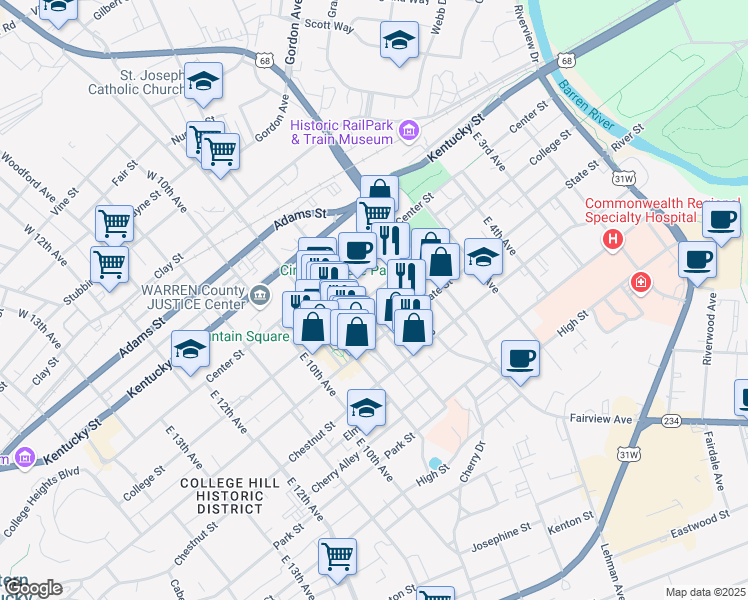 map of restaurants, bars, coffee shops, grocery stores, and more near 804 College Street in Bowling Green