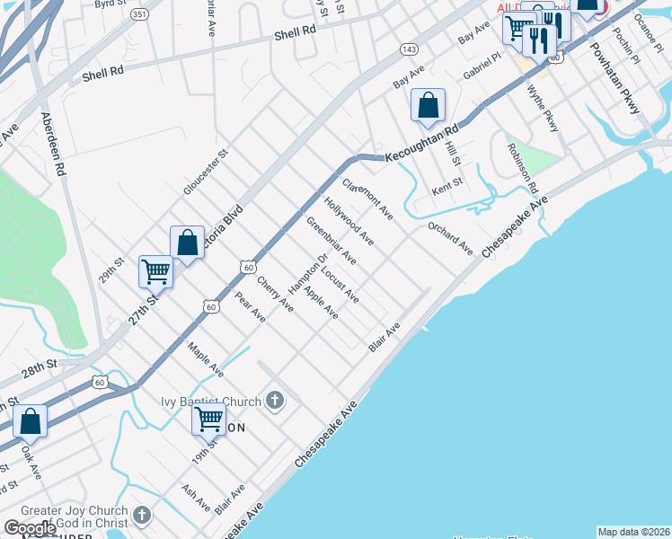 map of restaurants, bars, coffee shops, grocery stores, and more near 129 Locust Avenue in Hampton
