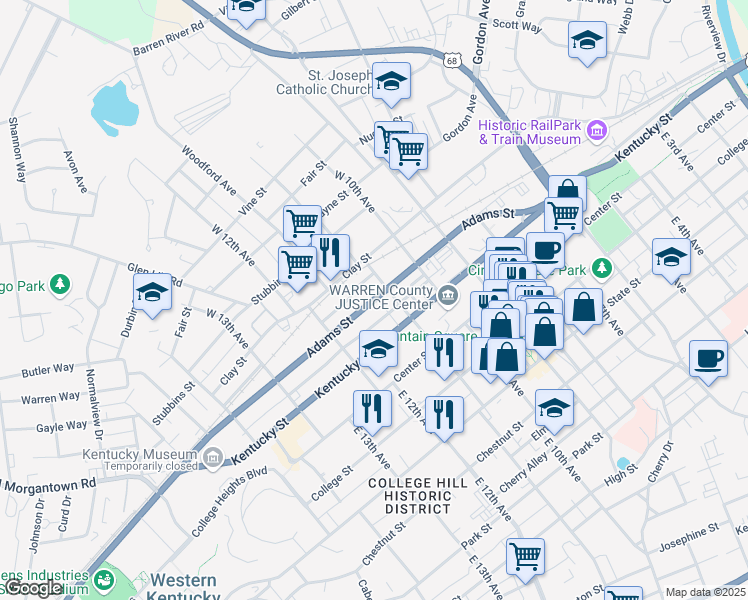 map of restaurants, bars, coffee shops, grocery stores, and more near 1115 Adams Street in Bowling Green