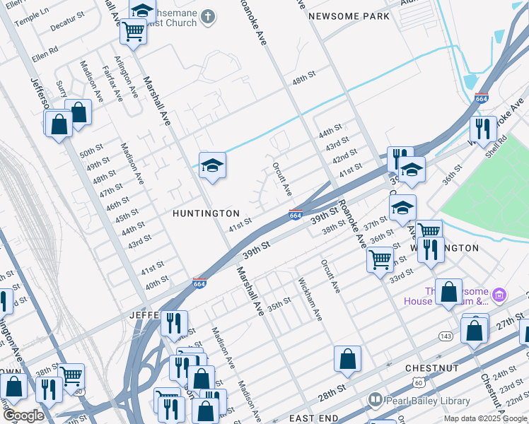 map of restaurants, bars, coffee shops, grocery stores, and more near 4105 Newsome Drive in Newport News