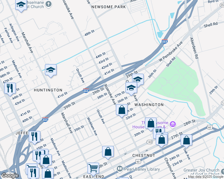 map of restaurants, bars, coffee shops, grocery stores, and more near 3804 Roanoke Avenue in Newport News