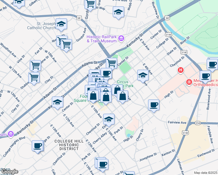map of restaurants, bars, coffee shops, grocery stores, and more near College Street in Bowling Green
