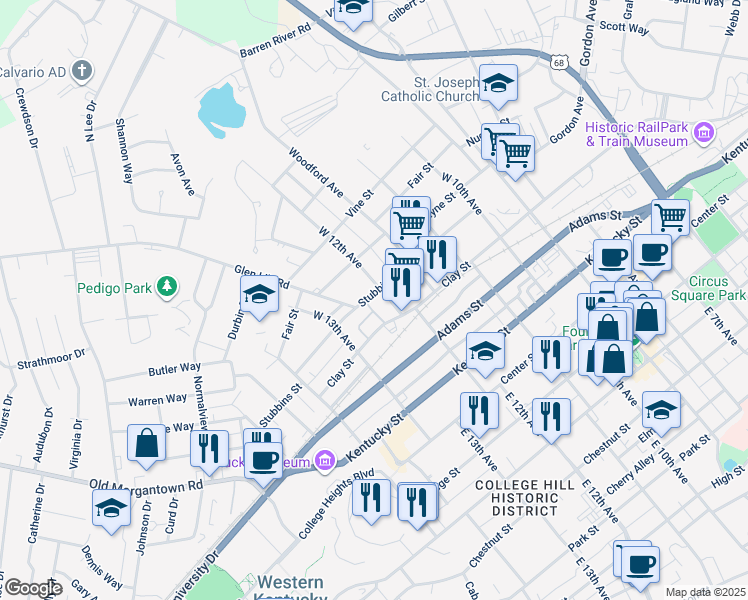 map of restaurants, bars, coffee shops, grocery stores, and more near 1212 Stubbins Street in Bowling Green