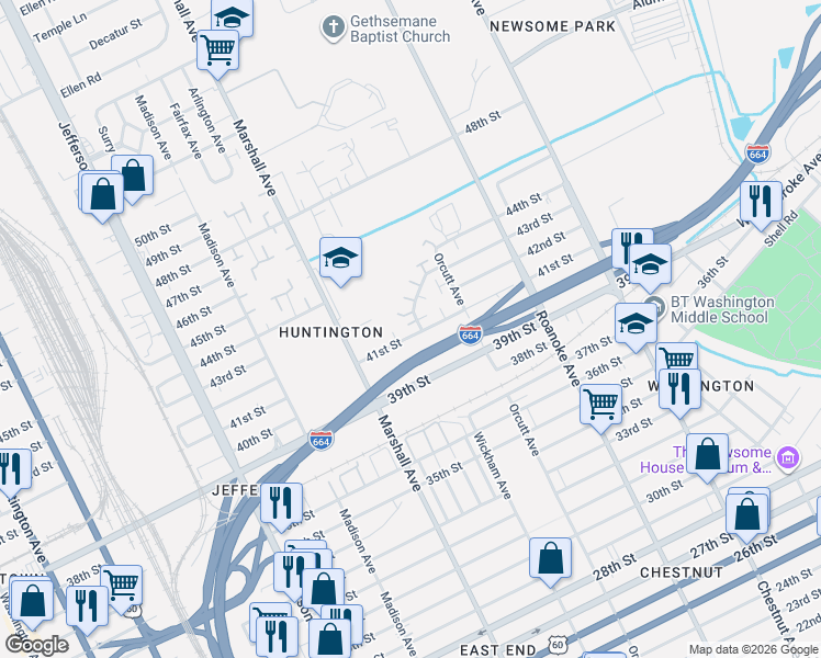 map of restaurants, bars, coffee shops, grocery stores, and more near 835 41st Street in Newport News