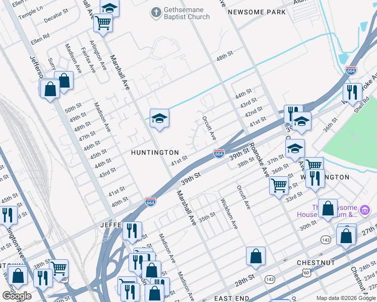map of restaurants, bars, coffee shops, grocery stores, and more near 814 41st Street in Newport News