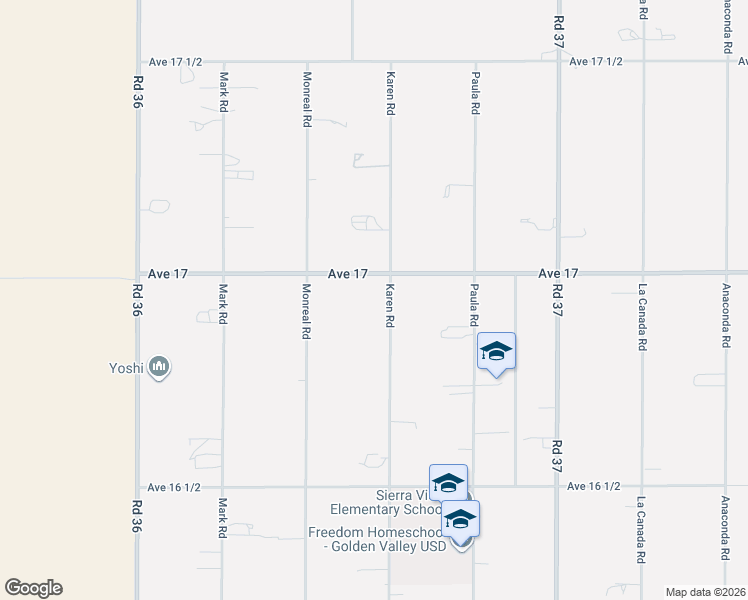 map of restaurants, bars, coffee shops, grocery stores, and more near 16900 Karen Road in Madera
