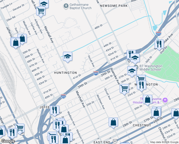 map of restaurants, bars, coffee shops, grocery stores, and more near 902 41st Street in Newport News