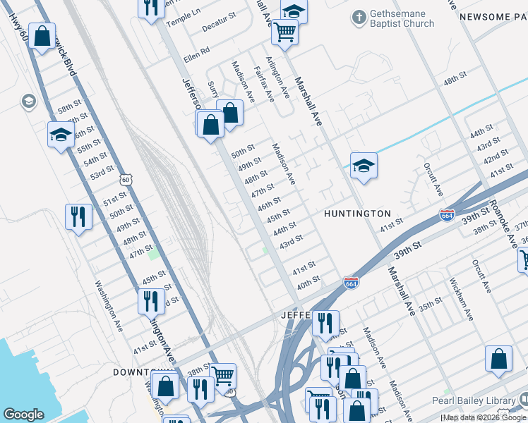 map of restaurants, bars, coffee shops, grocery stores, and more near 618 45th Street in Newport News