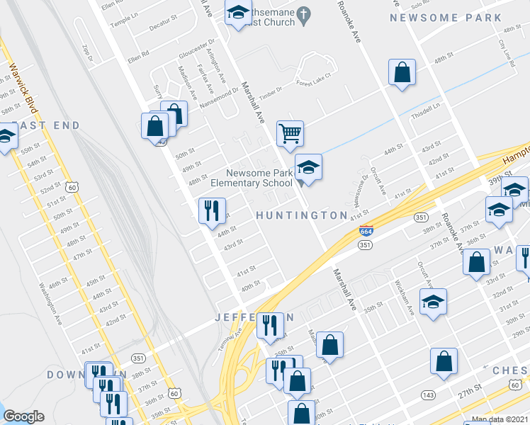 map of restaurants, bars, coffee shops, grocery stores, and more near 711 44th Street in Newport News