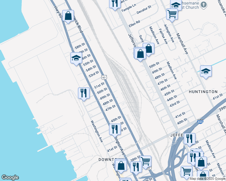 map of restaurants, bars, coffee shops, grocery stores, and more near 4902 Warwick Boulevard in Newport News
