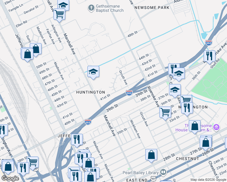 map of restaurants, bars, coffee shops, grocery stores, and more near 835 41st Street in Newport News