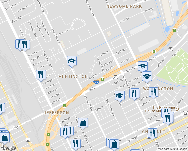 map of restaurants, bars, coffee shops, grocery stores, and more near 4112 Newsome Drive in Newport News
