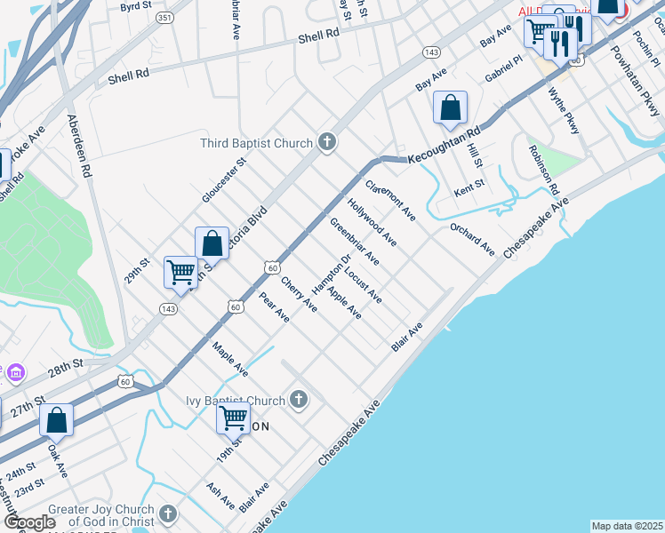 map of restaurants, bars, coffee shops, grocery stores, and more near 203 Locust Avenue in Hampton