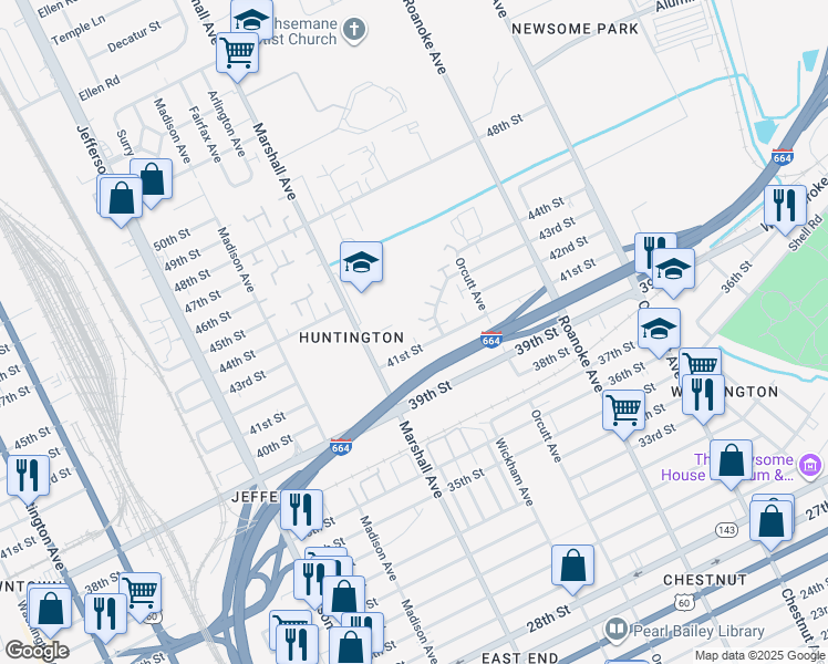 map of restaurants, bars, coffee shops, grocery stores, and more near 814 41st Street in Newport News