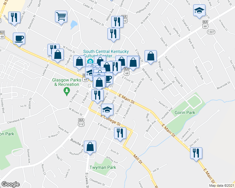 map of restaurants, bars, coffee shops, grocery stores, and more near 302 East Main Street in Glasgow