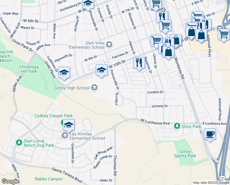 map of restaurants, bars, coffee shops, grocery stores, and more near 6825 Filbro Drive in Gilroy