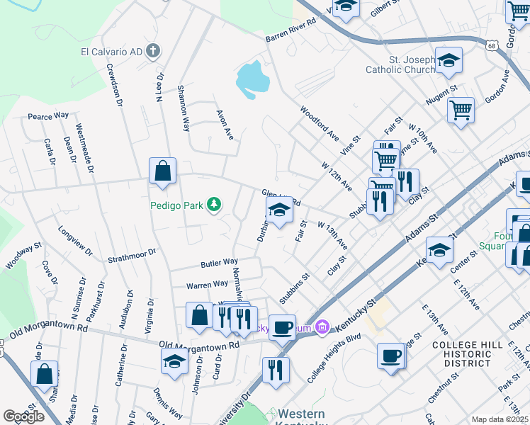 map of restaurants, bars, coffee shops, grocery stores, and more near 1247 Durbin Drive in Bowling Green