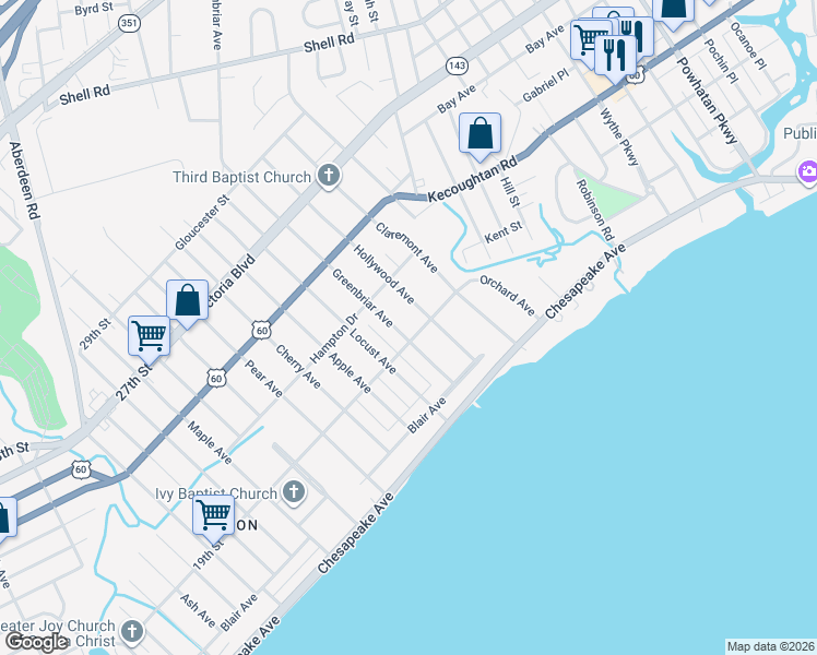 map of restaurants, bars, coffee shops, grocery stores, and more near 109 Greenbriar Avenue in Hampton
