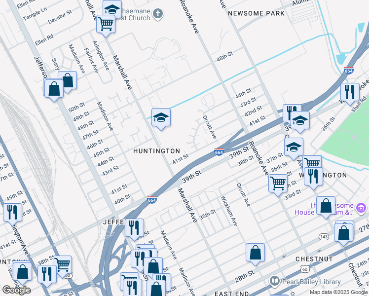 map of restaurants, bars, coffee shops, grocery stores, and more near 814 41st Street in Newport News