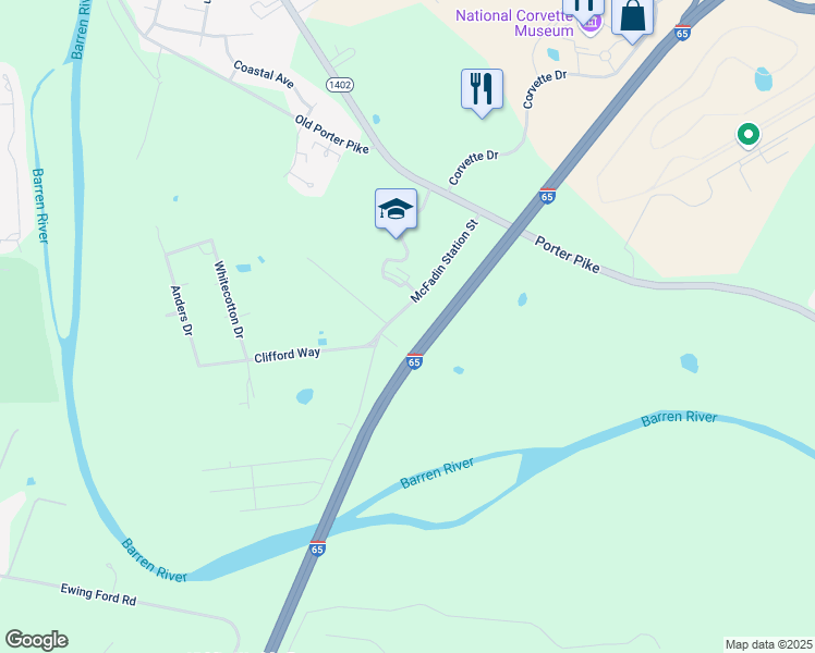 map of restaurants, bars, coffee shops, grocery stores, and more near 401 McFadin Station Street in Bowling Green