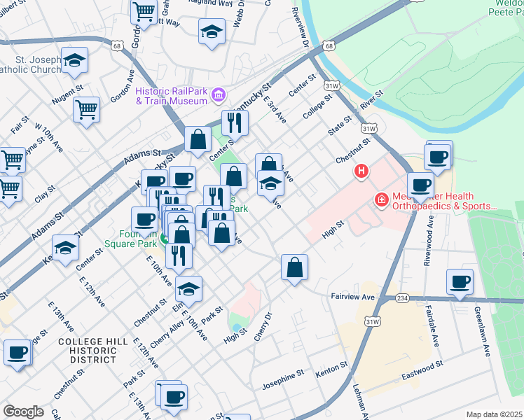 map of restaurants, bars, coffee shops, grocery stores, and more near 601 Chestnut Street in Bowling Green