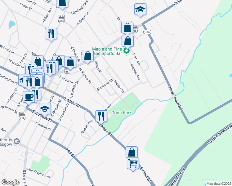 map of restaurants, bars, coffee shops, grocery stores, and more near 218 Floyd St in Glasgow