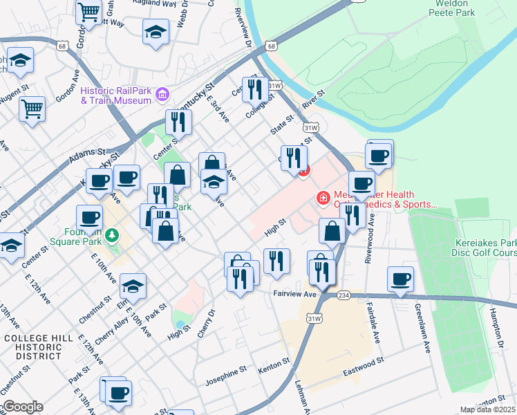 map of restaurants, bars, coffee shops, grocery stores, and more near 400 Park Street in Bowling Green