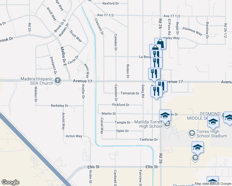 map of restaurants, bars, coffee shops, grocery stores, and more near 16862 Camden Drive in Madera