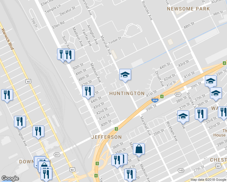 map of restaurants, bars, coffee shops, grocery stores, and more near 717 44th Street in Newport News
