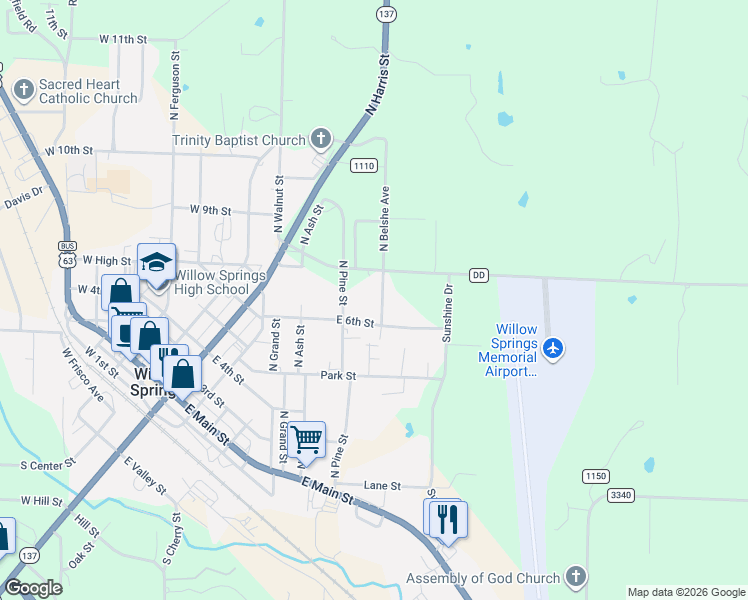 map of restaurants, bars, coffee shops, grocery stores, and more near 601 North Belshe Avenue in Willow Springs