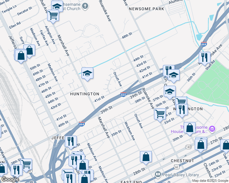 map of restaurants, bars, coffee shops, grocery stores, and more near 919 41st Street in Newport News