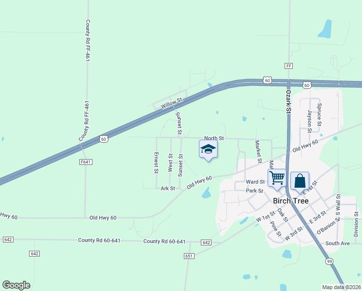 map of restaurants, bars, coffee shops, grocery stores, and more near Sunset Street in Shannon County