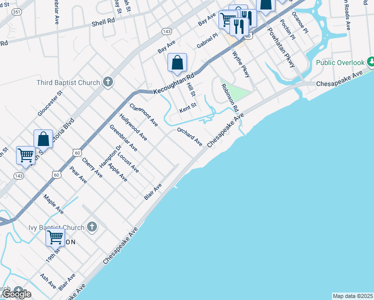 map of restaurants, bars, coffee shops, grocery stores, and more near 22 Claremont Avenue in Hampton