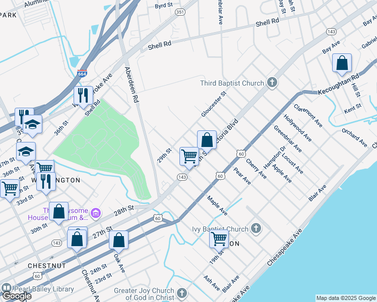 map of restaurants, bars, coffee shops, grocery stores, and more near 379 Dewey Avenue in Hampton
