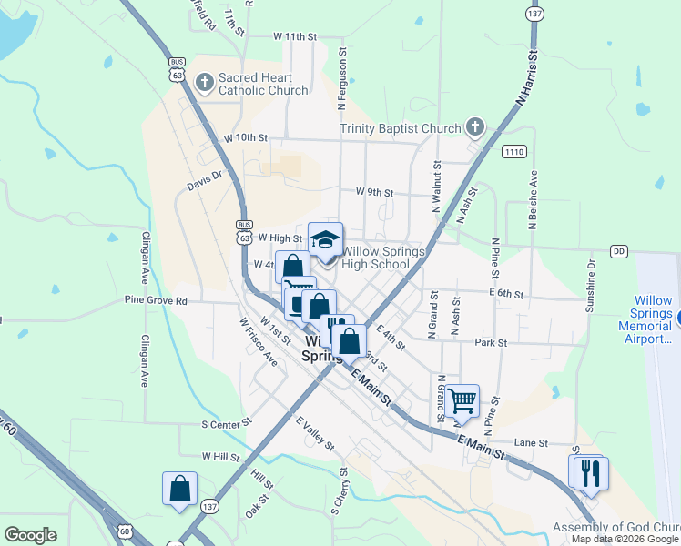 map of restaurants, bars, coffee shops, grocery stores, and more near 124-198 West 4th Street in Willow Springs