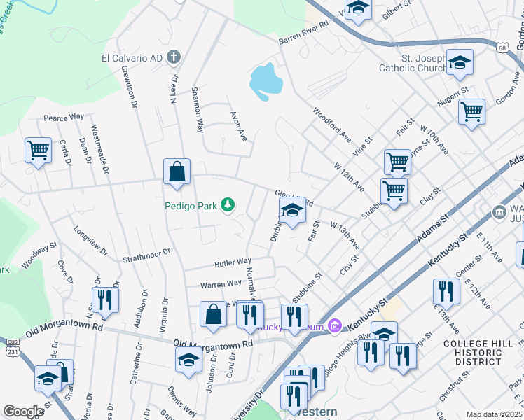 map of restaurants, bars, coffee shops, grocery stores, and more near 1320 Normalview Drive in Bowling Green