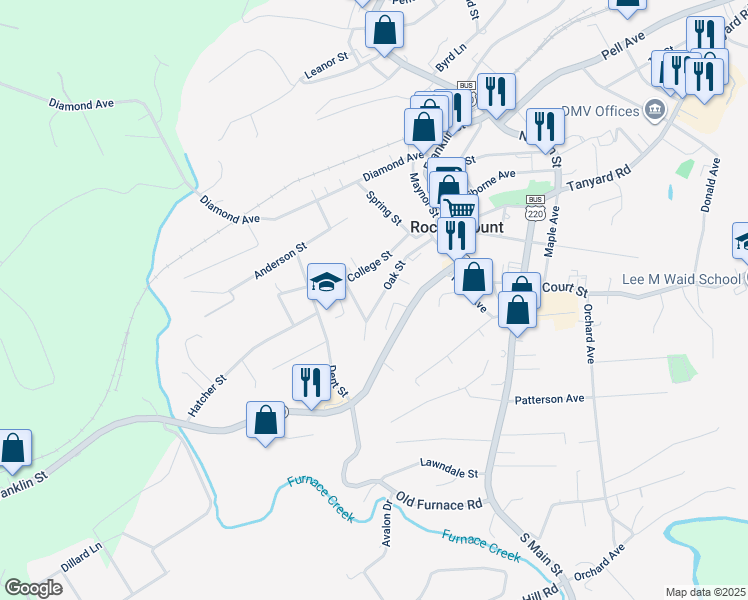 map of restaurants, bars, coffee shops, grocery stores, and more near 200 Oak Street in Rocky Mount
