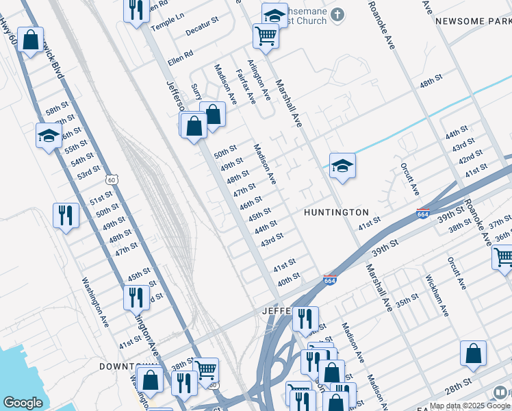 map of restaurants, bars, coffee shops, grocery stores, and more near 618 45th Street in Newport News